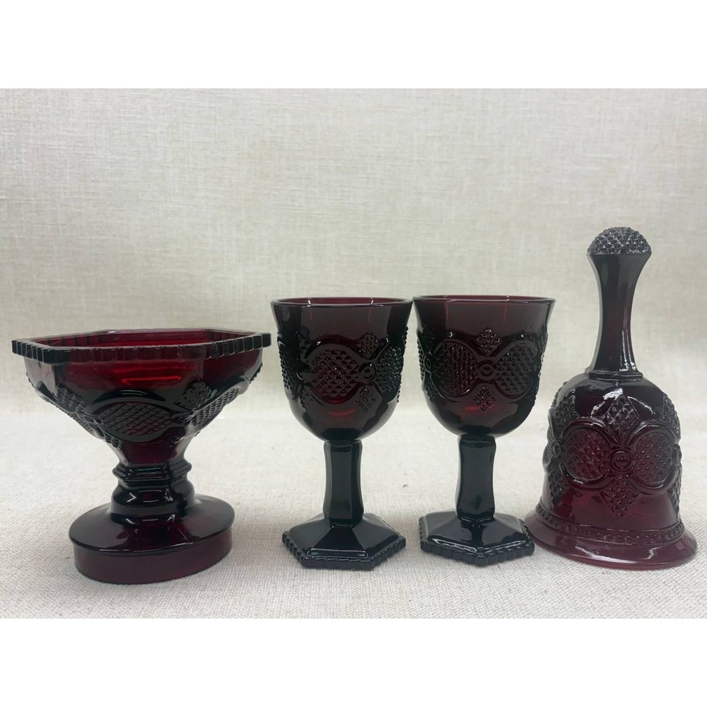 Avon Cape Cod Ruby Red Glass Set 4pc Goblets Candy Dish Bell Vintage Decor